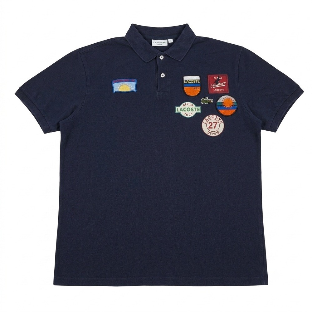 LACOSTE Multi Patch Polo Shirt Mens Size M FR 5 Navy Blue Pique Cotton PH1842